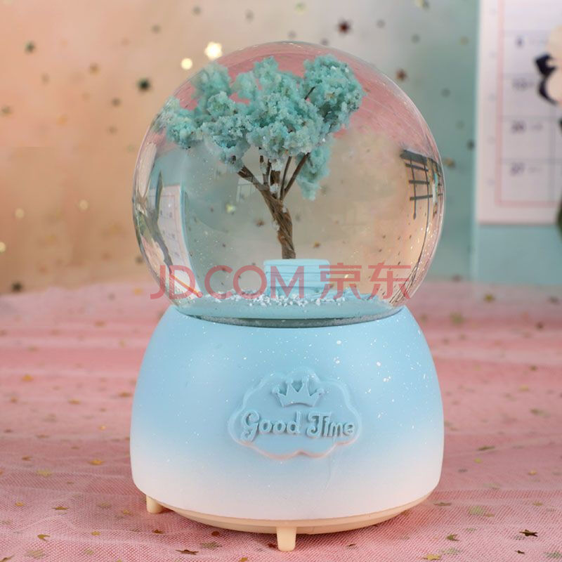 下雪水晶球摆件送闺蜜情侣女生生日礼物 樱之花大号蓝色【自动飘雪】