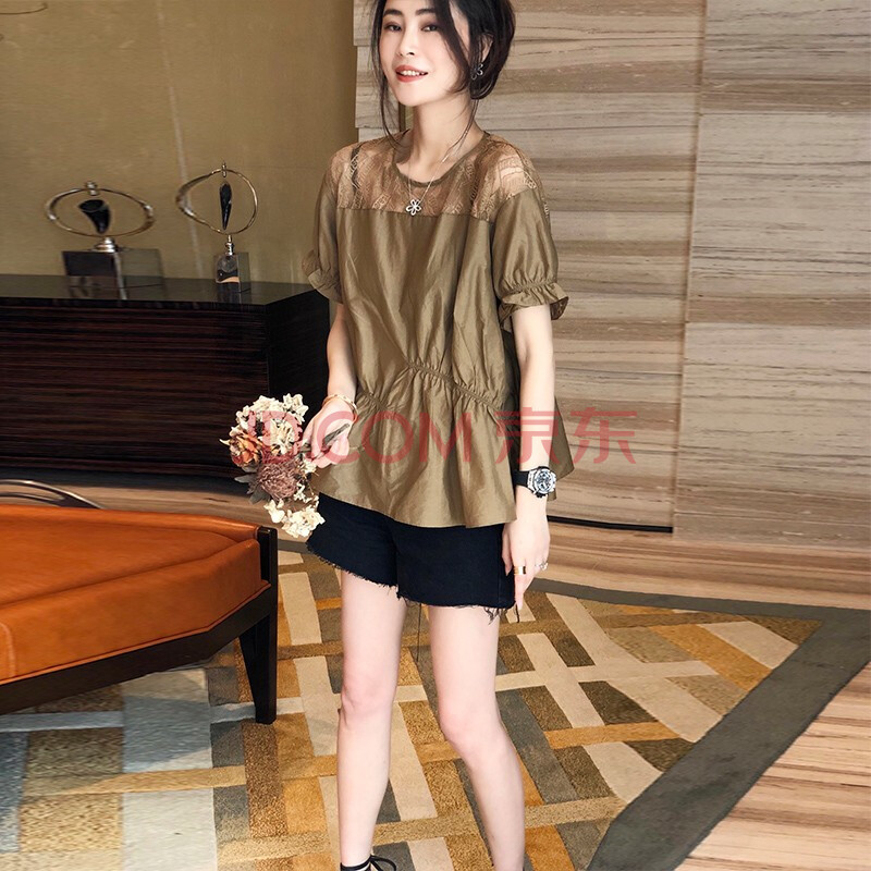 fanlisi蕾丝拼接衬衫女短袖洋气质设计感小众上衣夏季2021年新款货