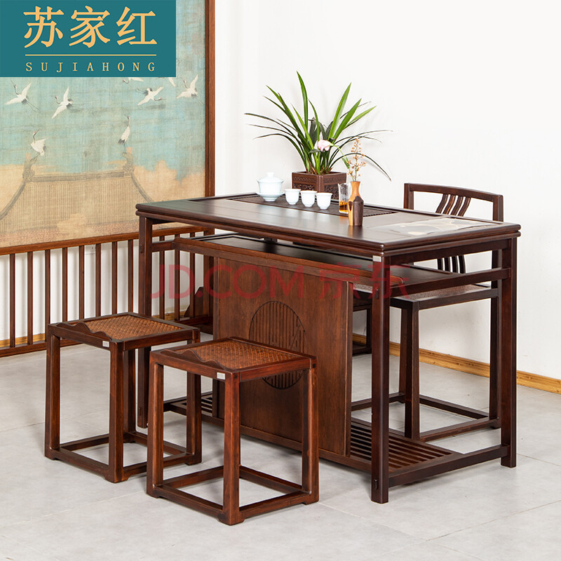 苏家红 茶桌功夫茶几实木茶台桌竹子茶桌移动茶台新中式茶桌椅组合