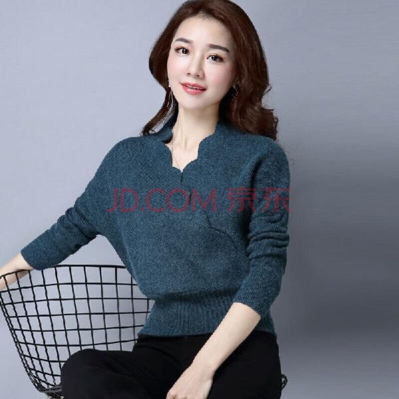 时尚交叉v领长袖针织衫女短款宽松蝙蝠袖收腰显瘦春秋百搭毛衣 孔雀蓝