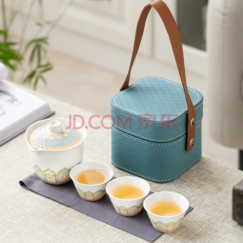 茶循 旅行茶具小套装盖碗茶杯 白/清韵一壶三杯小方包