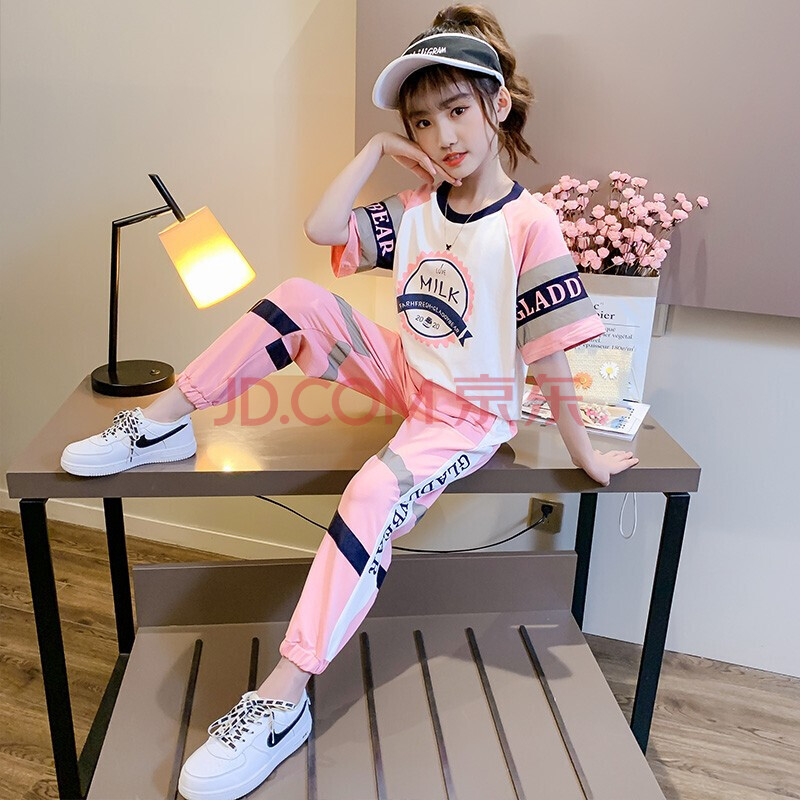 两件套韩版女孩时尚洋气潮衣小学生套装 粉色 110码建议身高100cm左右
