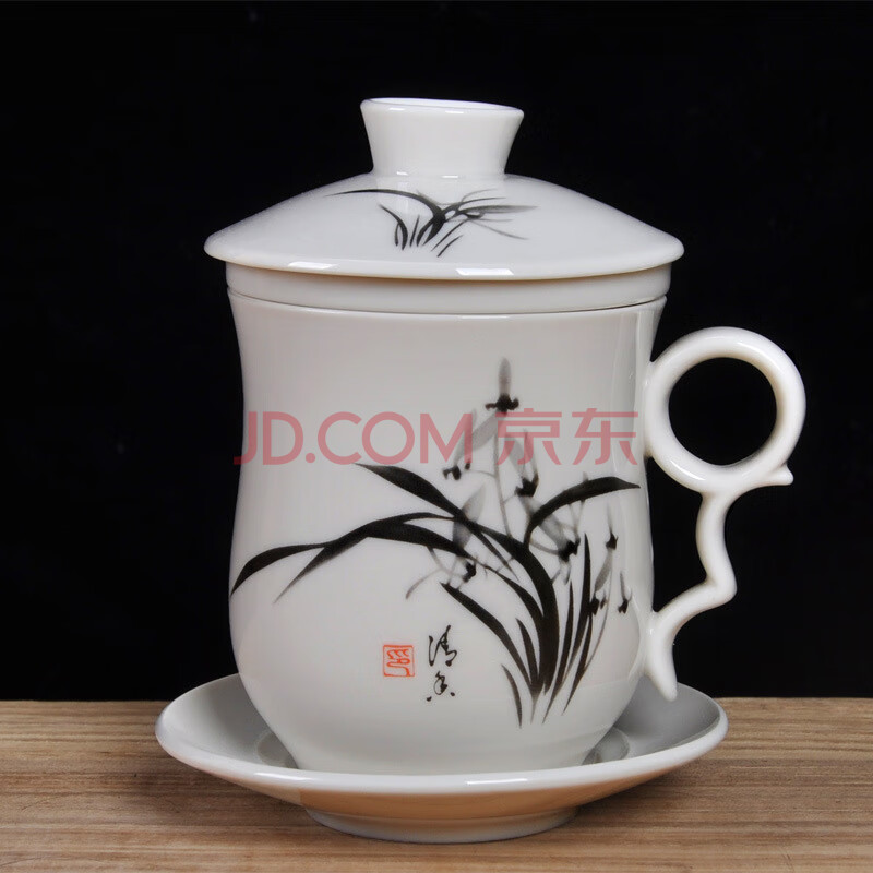 瑾明礼陶瓷茶水分离泡茶杯青花瓷带过滤盖子碟子办公会议水杯 兰花