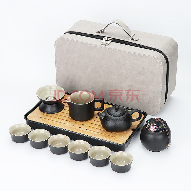 茶循 整套功夫茶具套装便携式旅行茶具 黑/四角壶茶具套装/灰皮包