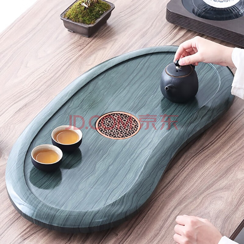静瓷斋 整块天然木纹石茶盘现代圆形中式简约家用办公室茶台乌金石头