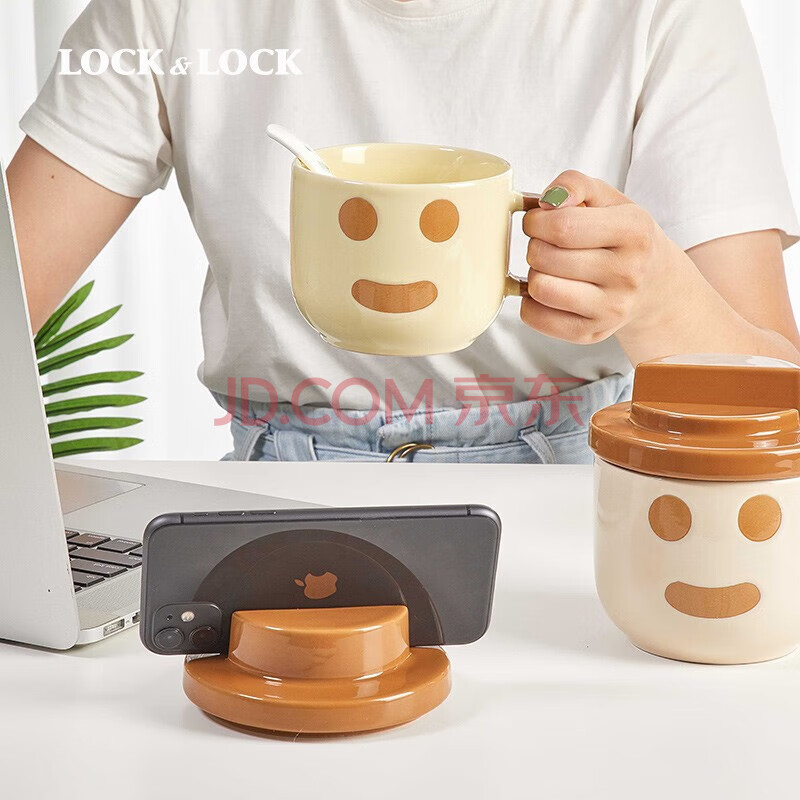 乐扣乐扣（LOCK&LOCK）雪宝手机支架杯咖啡杯陶瓷杯个性早餐燕麦片杯子大容量 YSH110015