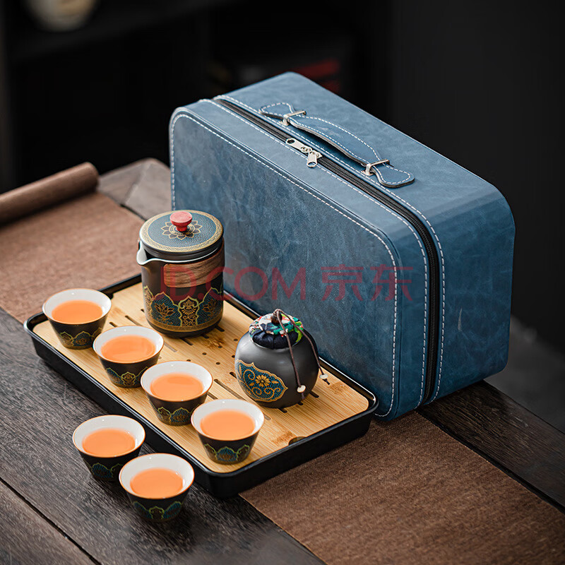 茶循 旅行茶具套装户外便携 古韵-黑(一壶6杯+罐+茶盘)蓝色包