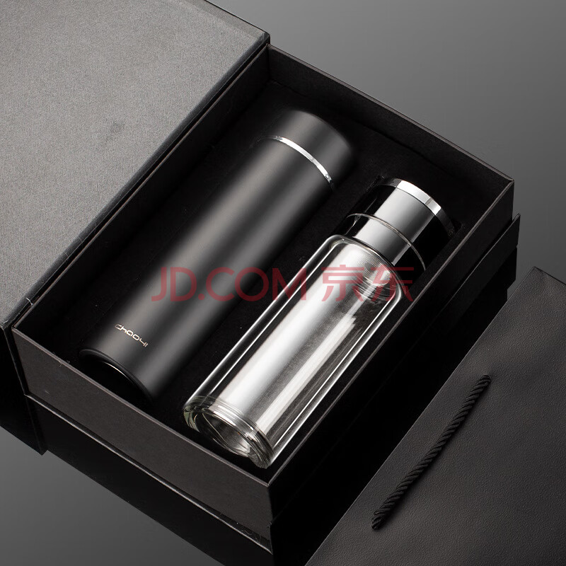 水西保温杯男茶水盒套装  商务黑色+一键开盖黑玻璃杯（黑色礼盒）