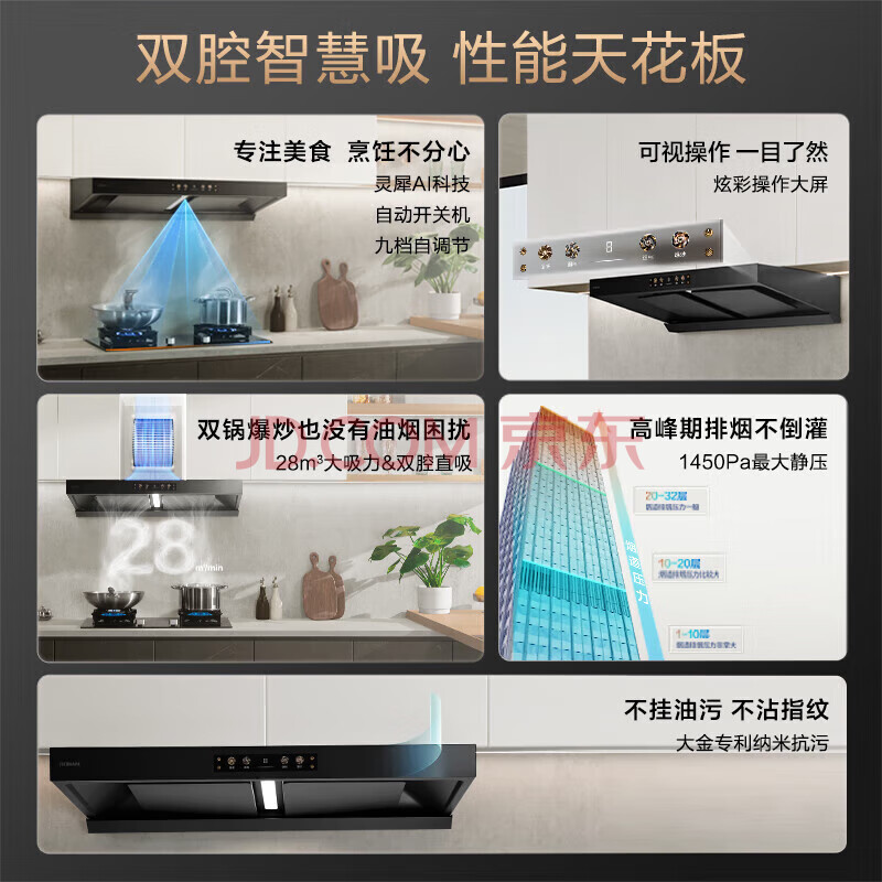 老板（Robam）双子星抽油烟机欧式顶吸烟灶联动双腔变频28大吸力灵犀全自动开关吸油烟机燃气灶套装E1+30B5X