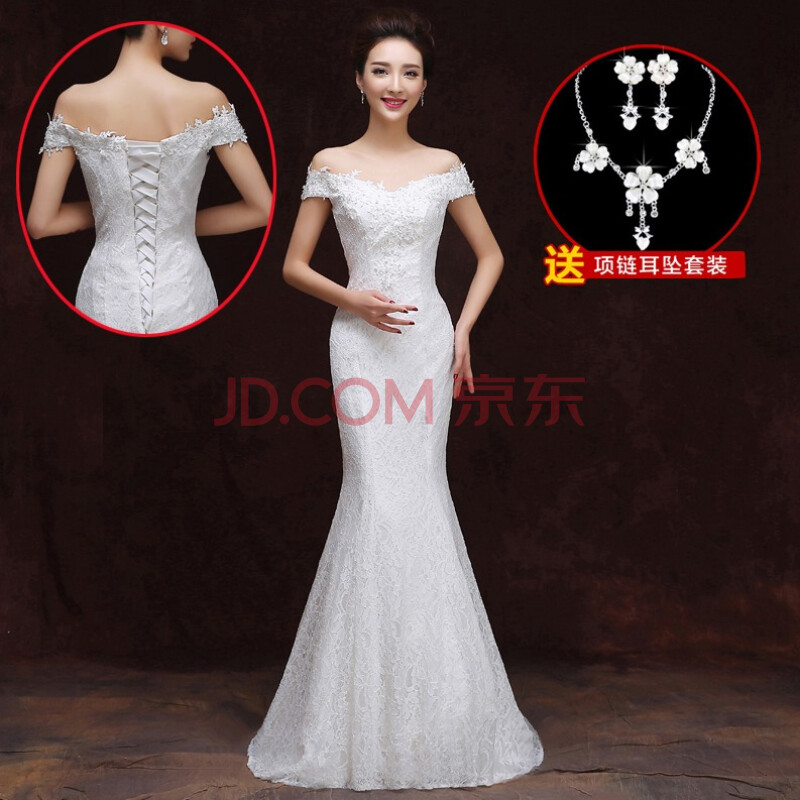 新娘敬酒服新款鱼尾婚纱礼服长款拖尾一字肩红色晚礼服结婚礼服女