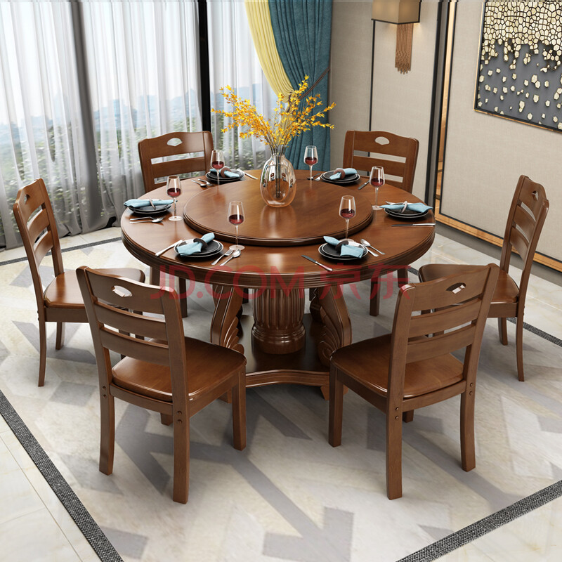 实木餐桌椅组合橡木圆形餐台带转盘酒店大圆餐桌中式家用吃饭桌子 1.