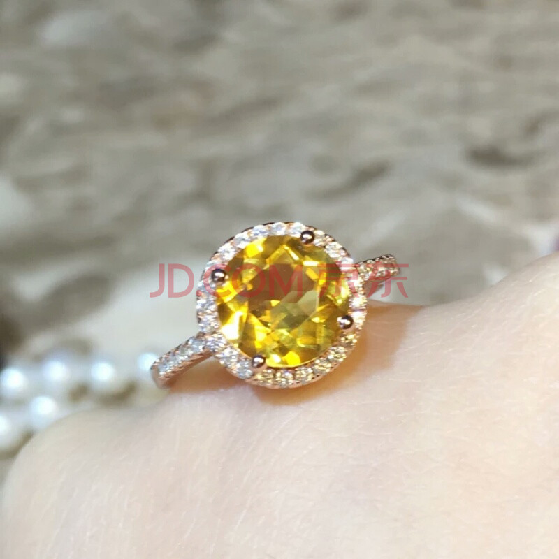 黄水晶戒指女 925简约时尚手工镶嵌指环开口宝石饰品礼物 圆10mm