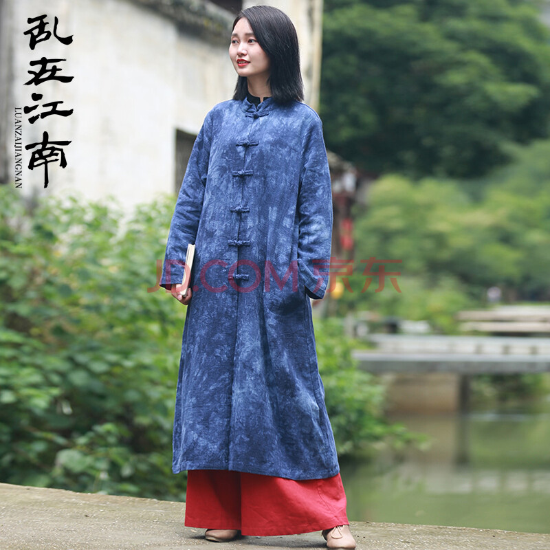乱在江南民族风棉麻中长款风衣女2020春秋女装印花立领盘扣外套 深玫