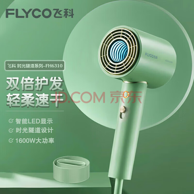 飞科（FLYCO）电吹风机 柔风负离子 恒温护发 1600W家用宿舍用冷热大风量快速干发 FH6310 薄荷绿