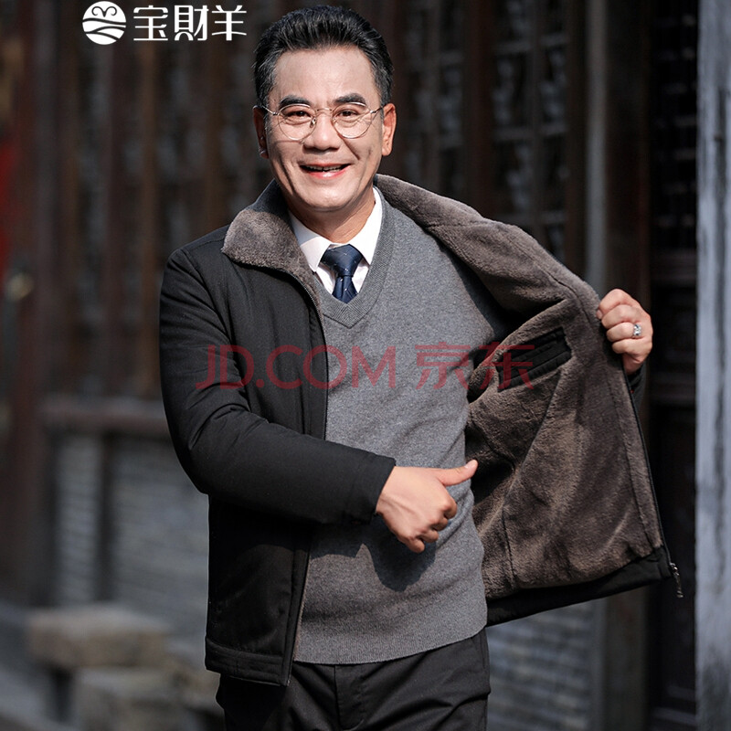 宝财羊爸爸冬装棉服男中年男士休闲大毛领棉衣中老年男装可脱卸帽子