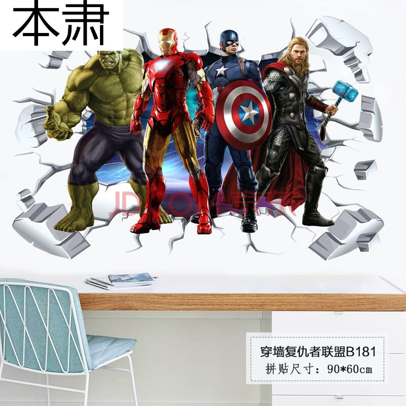 品卧室卡通贴纸漫威绿巨人立体墙贴墙纸贴画 新款穿墙复仇者联盟b181
