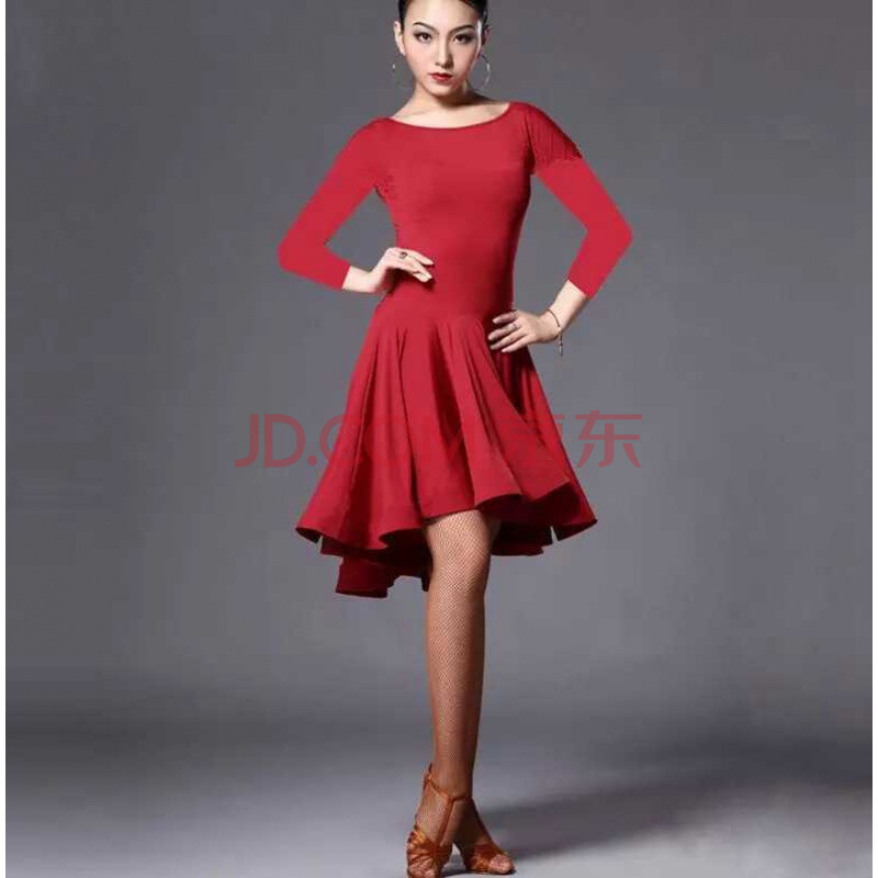 拉丁舞服装女成人新款练功服2020春秋表演服跳舞蹈连衣裙短裙正红色