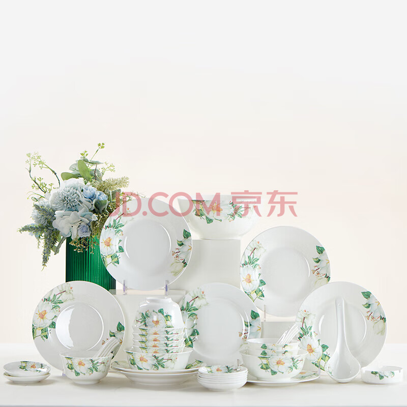 北国风光家用精美骨质瓷餐具套装节日送礼 木棉花37头骨质瓷餐具