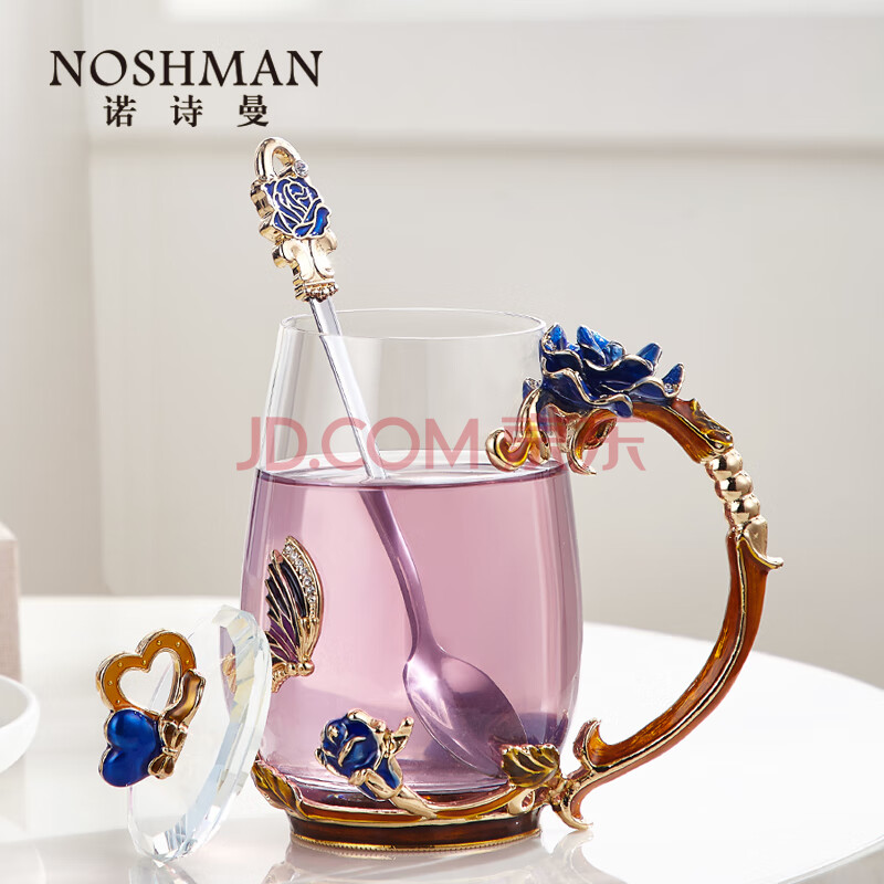 诺诗曼 珐琅水杯女高颜值杯子女士办公室泡花茶杯玻璃杯带把生日礼物送女生男生闺蜜结婚杯子定制送员工客户