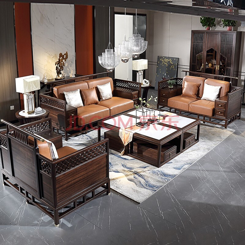 新中式沙发现代中式真皮全实木沙发组合禅意别墅客厅黑i檀木家具 三人