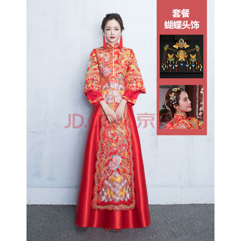 涵纱漫舞秀禾服2018新款结婚敬酒服中式婚纱礼服新娘旗袍嫁衣 彩色单票片+蝴蝶头饰 XL
