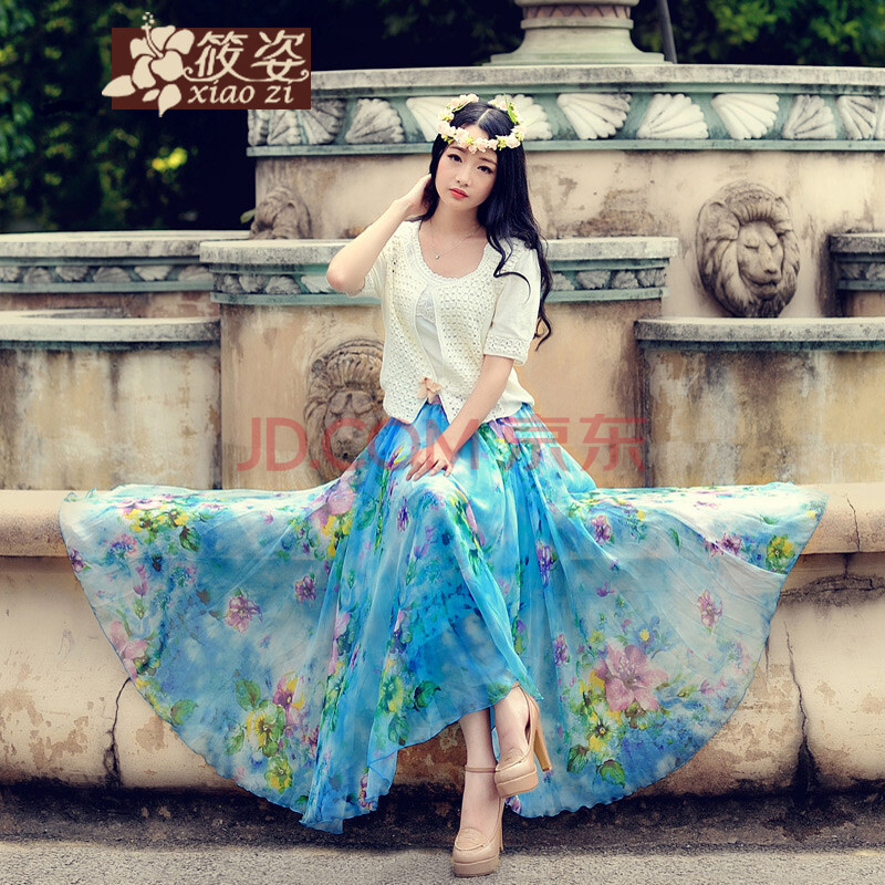 筱姿2015夏季 女雪纺印花波西米亚大摆长裙仙女裙半身