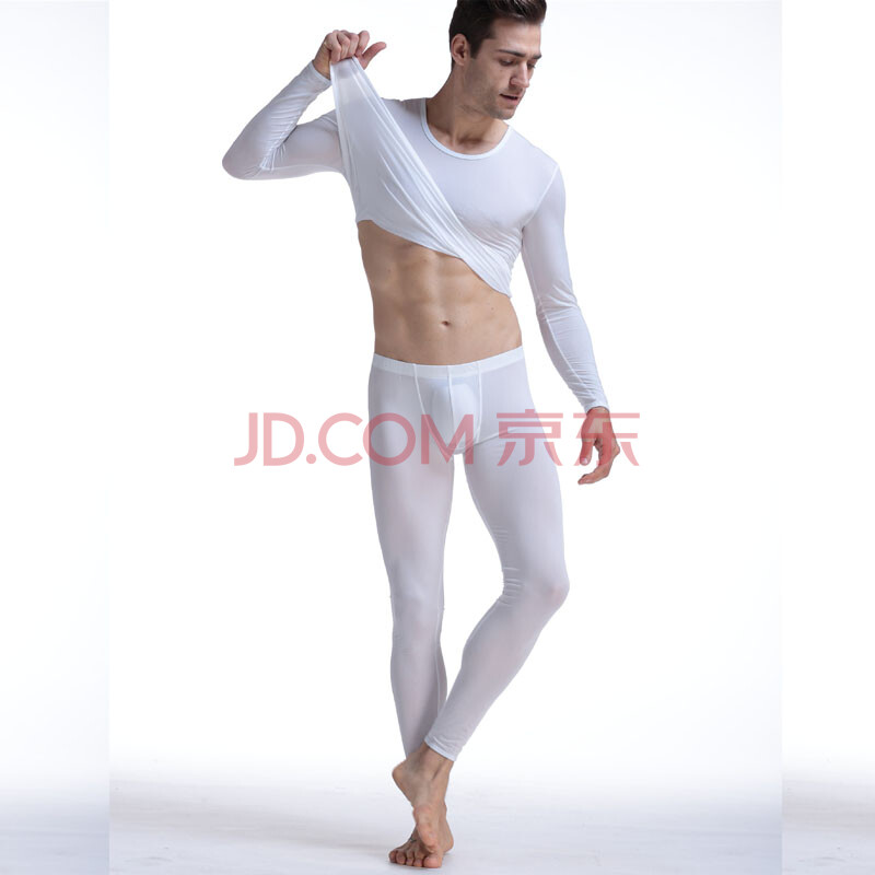 wj男士基础内衣套装 弹性超薄丝滑冰丝半透明圆领秋衣