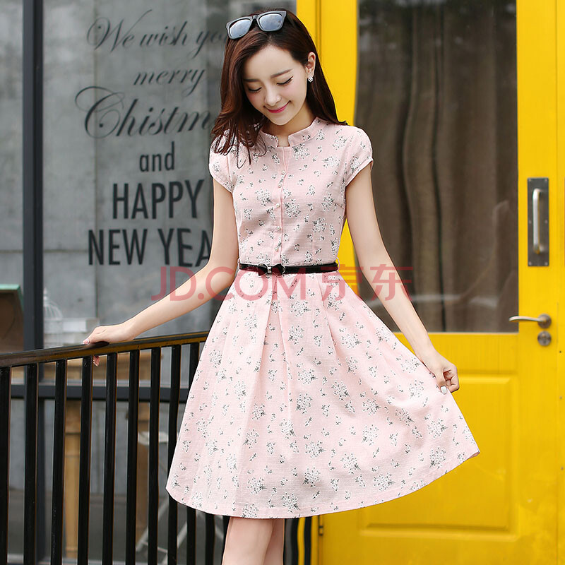 2015夏装新款韩版修身淑女气质优雅印花气质短袖棉麻中长款连衣裙女