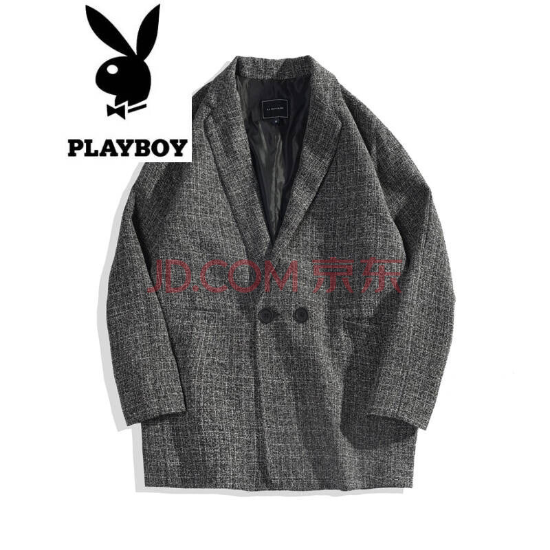 花花公子 (PLAYBOY)风衣男中长款加厚0秋冬版复古西装领风衣男休闲套限 灰色 XL