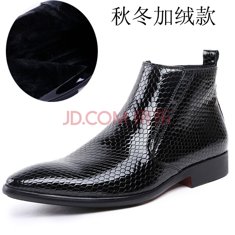 圣大歐瑪尼 秋冬真皮蛇皮紋男靴 加絨保暖棉靴英倫尖頭切爾西皮靴 亮皮馬丁靴 時裝牛仔靴 黑色加絨633-28 38