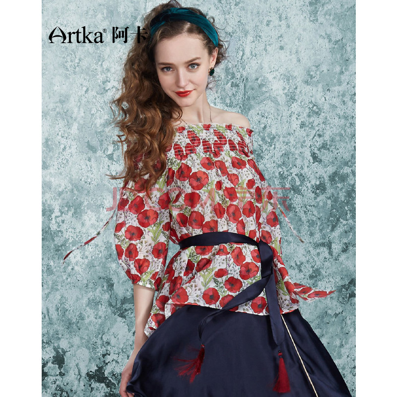 artka 阿卡女款上衣真丝系列丝棉灯笼袖不对称下摆衬衫 象牙红 l