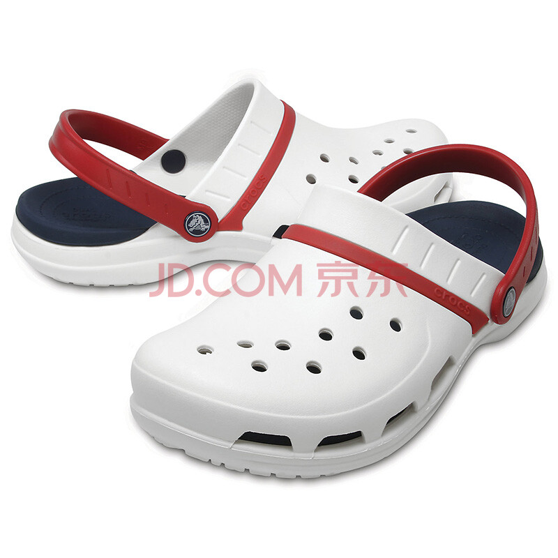 全球购 CROCS凉鞋情侣款洞洞鞋两穿拼色条204143美国包邮卡洛驰男鞋女鞋 White / Navy/Pepper M8 /W10
