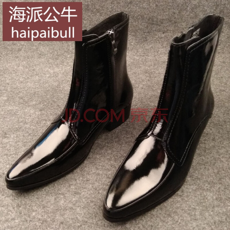 海派公牛轻奢品牌男皮鞋2018新款漆皮男靴英伦尖头高腰皮鞋纯皮切尔西靴潮流发型师亮皮鞋 黑色 JMH83501 37