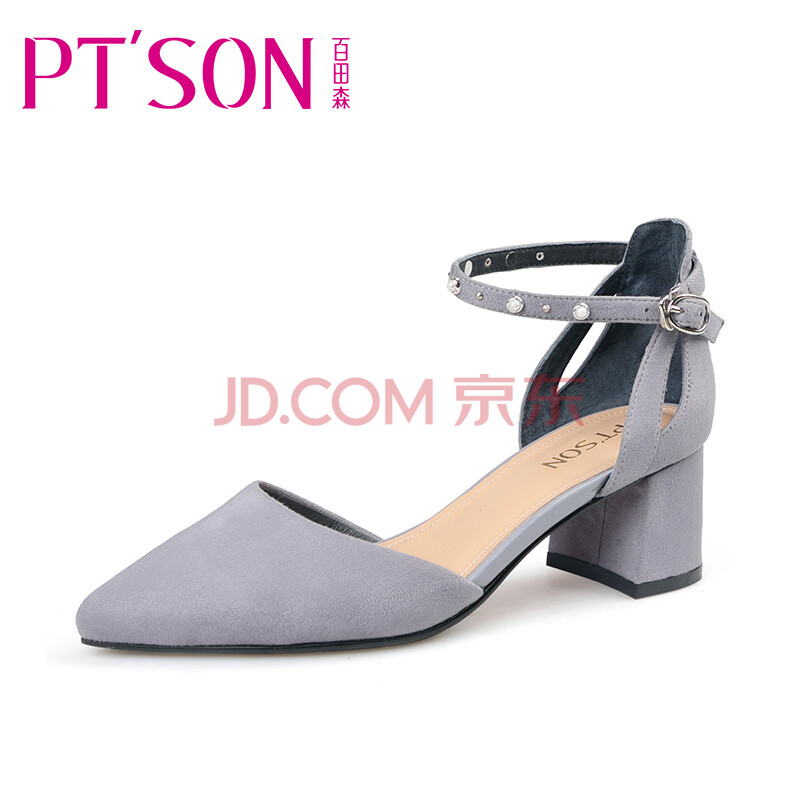 PTSON/百田森2018春新款女鞋一字扣粗高跟涼鞋女夏PYQD8221 灰蘭 36