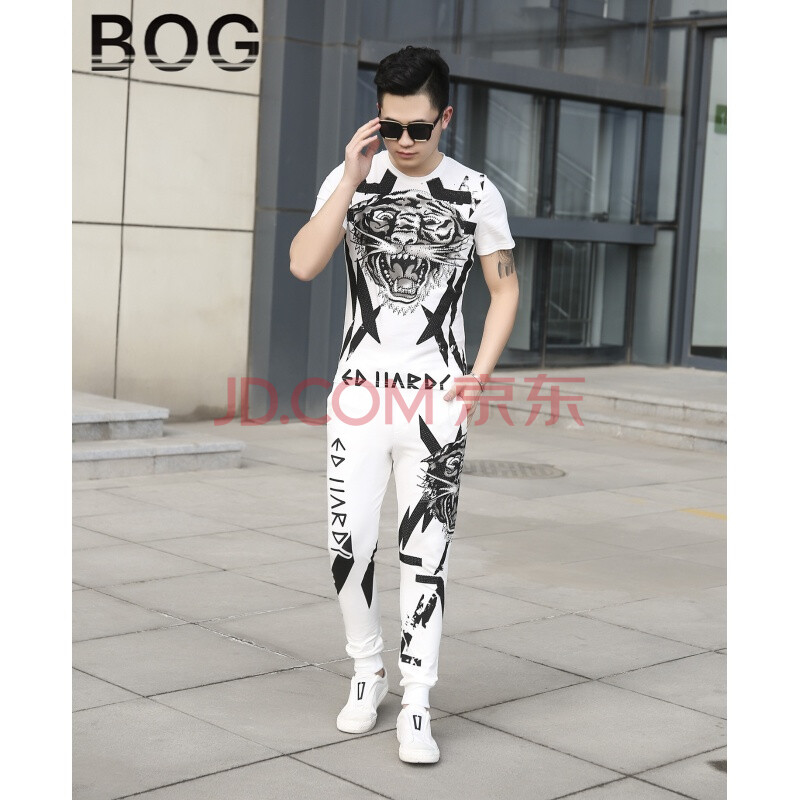 BOG 伟奇香港潮牌男装短袖老虎头烫钻夏季社会小伙圆领加肥加大码T恤休闲运动服两件套装 白色 XL