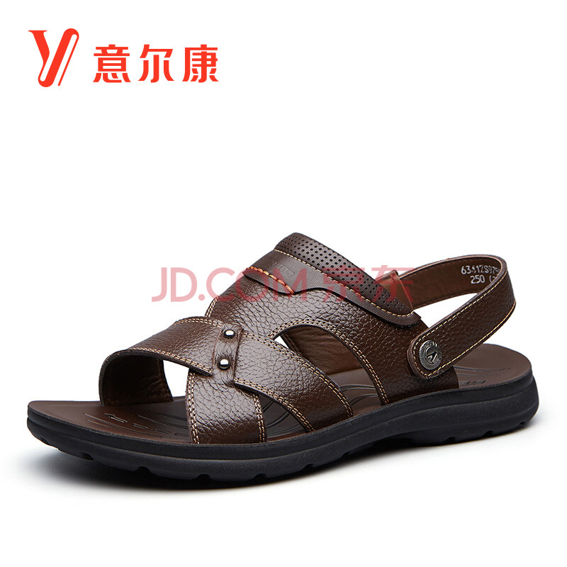 意爾康男鞋夏季時尚涼鞋男真皮牛皮兩穿套腳舒適透氣露趾男士沙灘鞋8442ZS97044W 棕色 42