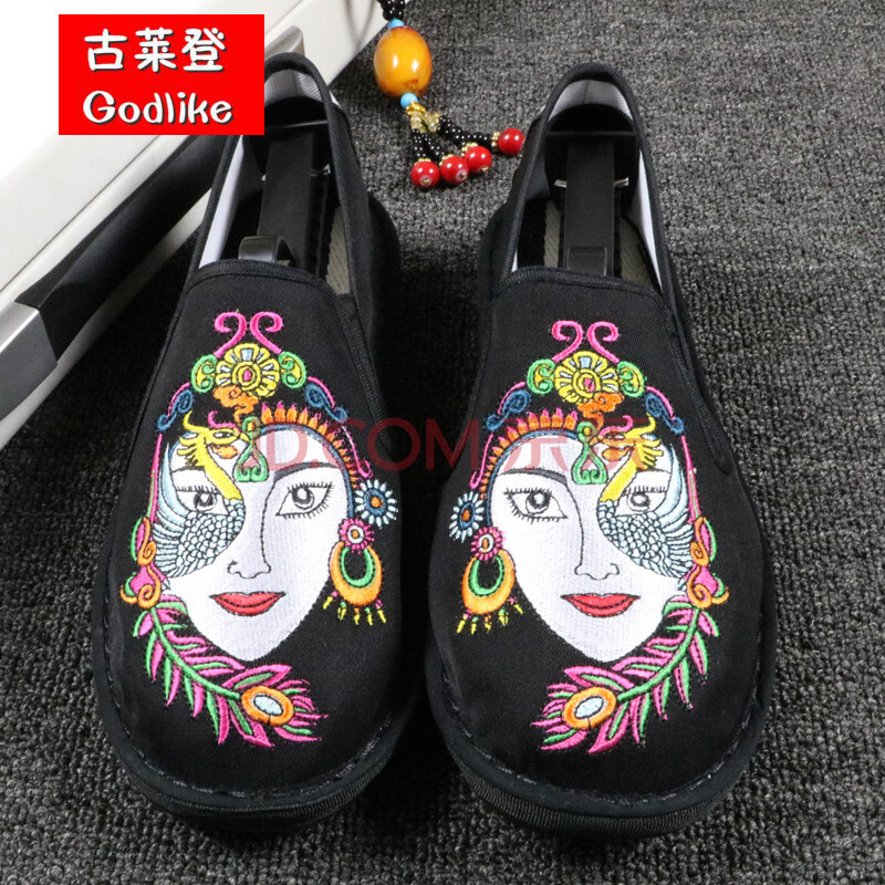 夏季布鞋女小白鞋軟底防滑帆布鞋色鬼布藝刺繡手工鞋社會鞋豆豆鞋 浴火鳳凰黑色 40