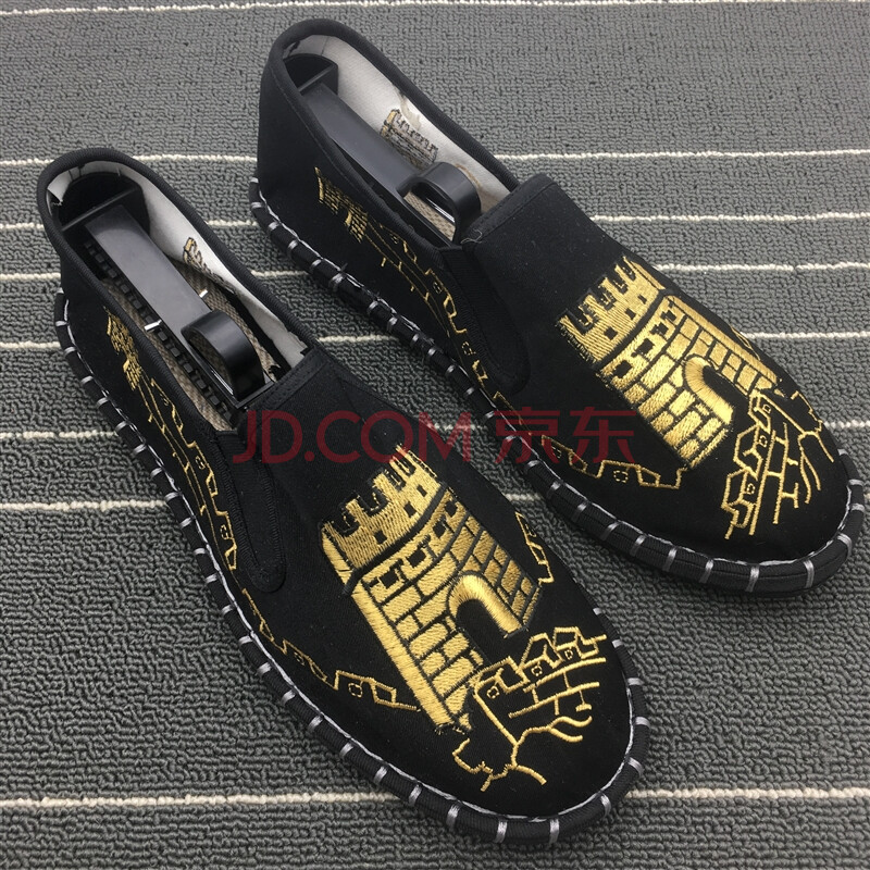 老北京布鞋男 中國風長城刺繡 春夏秋季新款 一腳蹬懶人鞋精神小伙社會鞋 男士開車鞋 黑色 長城烽火臺 42