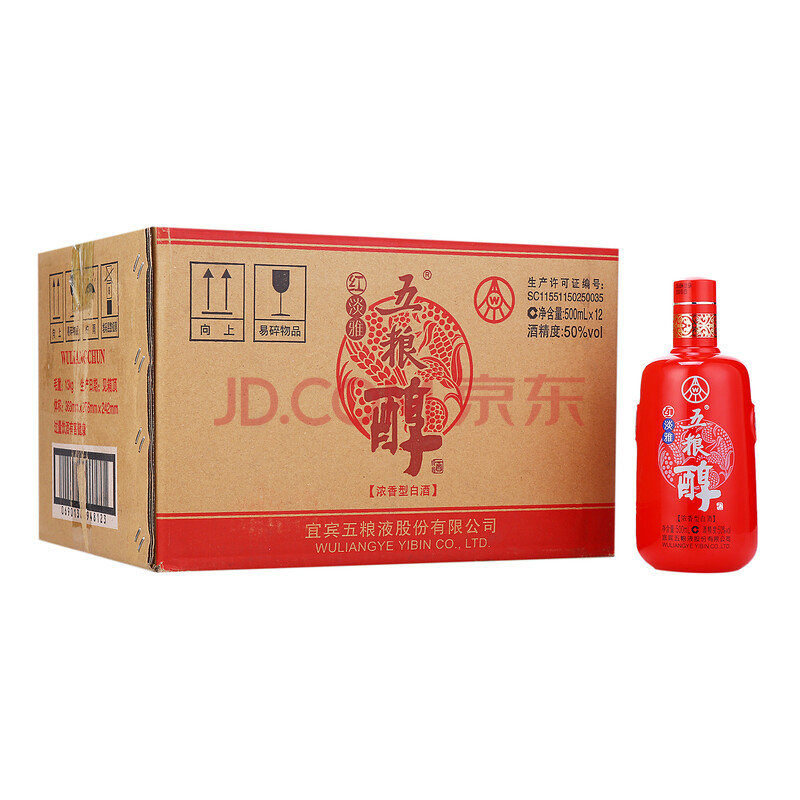 五粮液 股份有限公司 五粮醇 红淡雅 白酒 光瓶装 50度 整箱装500ml*12瓶