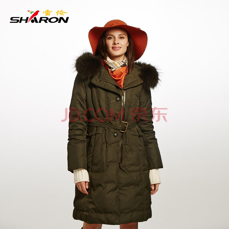 雪伦sharon羽绒服女2015新款正品中长斜门襟饰皮边奢华进口大貉子毛领