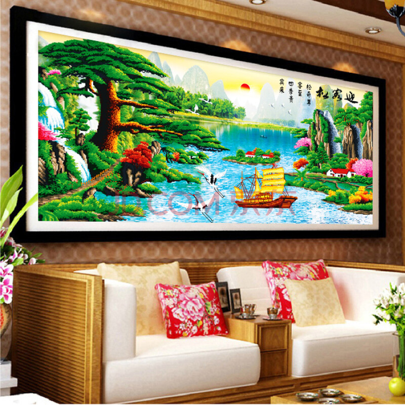 俏公主蒙娜丽莎正品5d钻石画迎客松十字绣新款客厅风景山水画钻石绣满