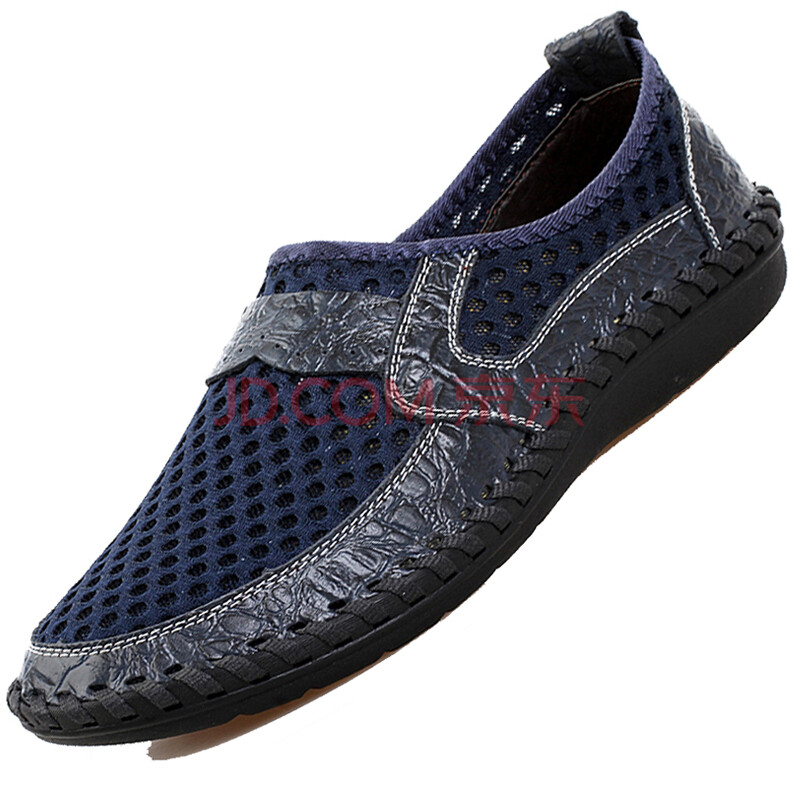 【夏日型品 立体透气】官方正品 专柜同款 牛皮拼接 时尚休闲网面鞋 超轻透气驾车鞋男 蓝色 42