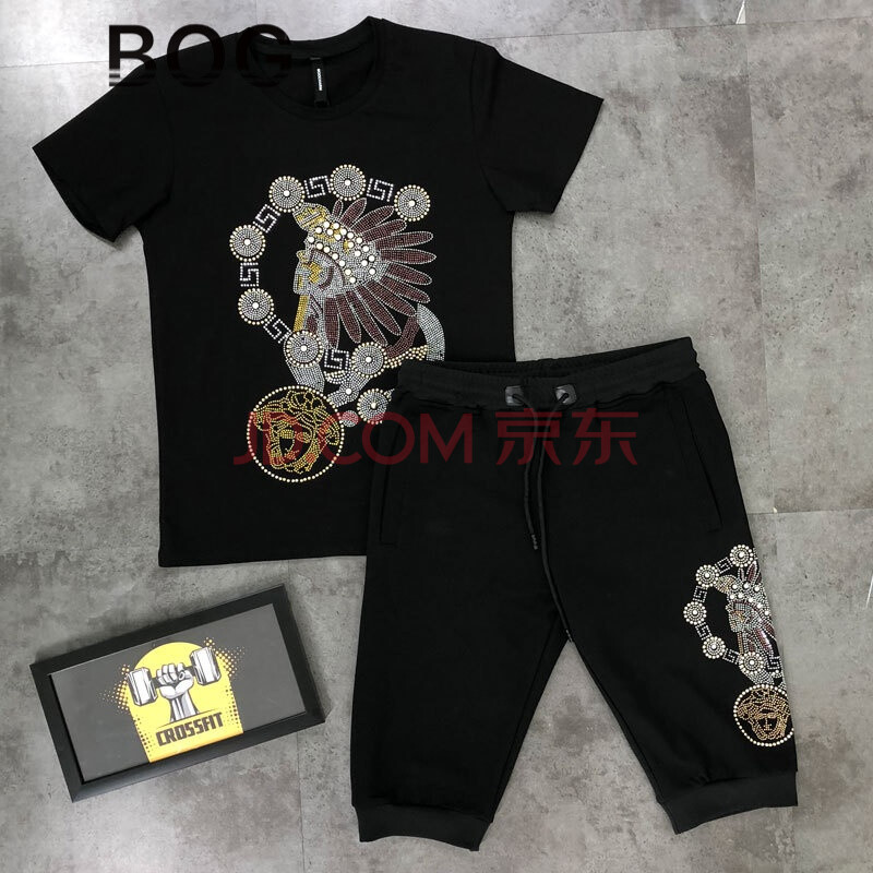 BOG 伟奇香港潮牌短袖套装男休闲韩版2018夏装新款社会精神小伙男士潮流短裤大码休闲运动服两件套 黑色 XL 100到115斤