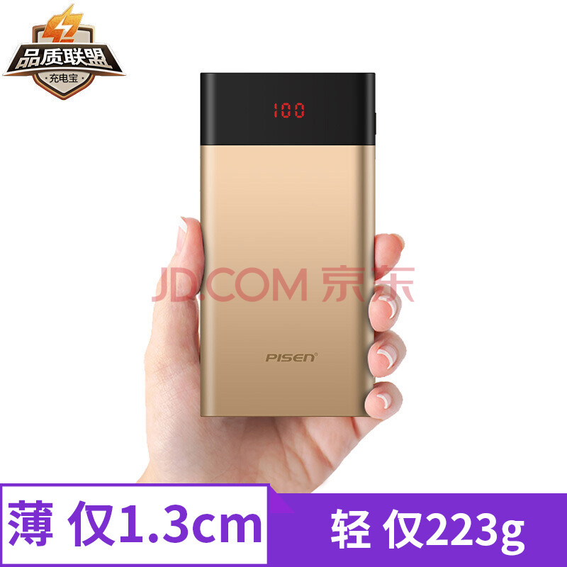 品胜（PISEN）LED薄彩2 10000毫安聚合物移动电源/充电宝 双输出 超薄小巧便携 香槟金 情人节礼物