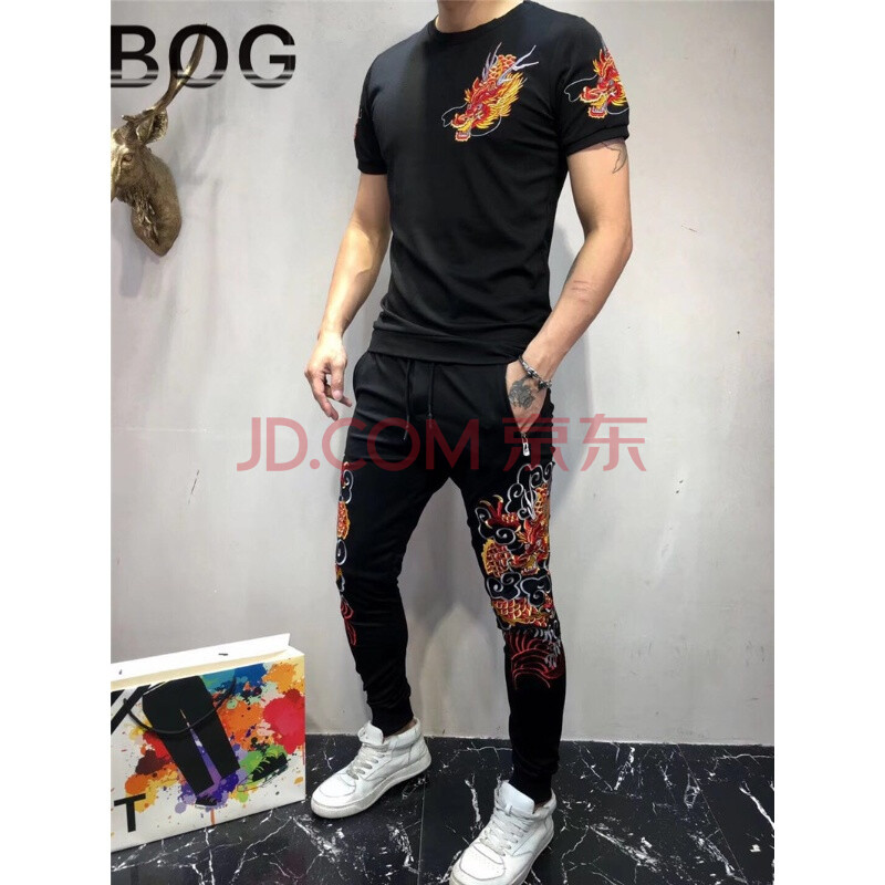 BOG 伟奇香港潮牌夏季短袖男士套装2018新款中国风中国龙 袍刺绣社会休闲两件套潮男运动服大码 龙袍套装 2XL