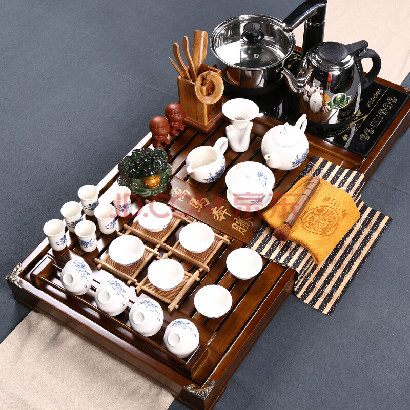 裂实木四合一带电磁炉茶艺套装茶盘陶瓷功夫茶具办公室整套装茶海汝窑