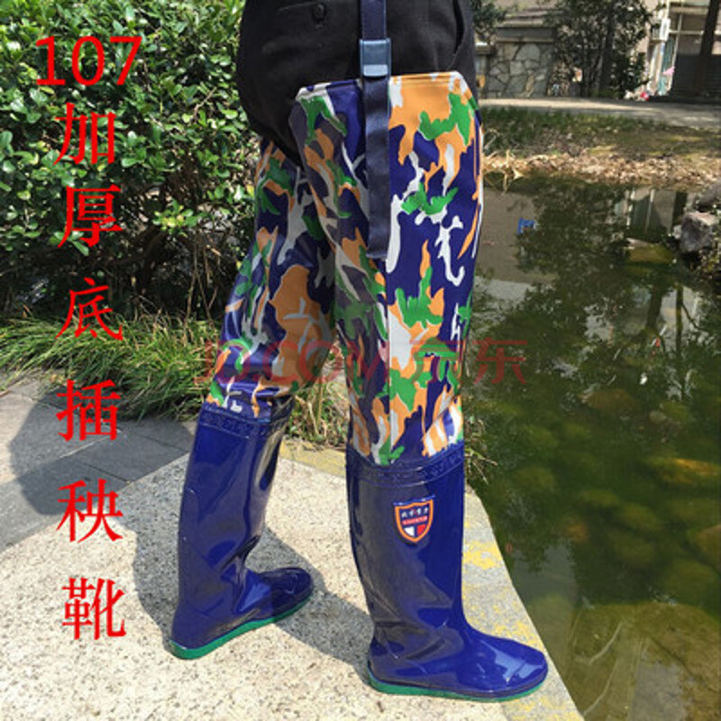 防水系列过膝高筒男女雨鞋雨靴平底软水田鞋袜插秧鞋插秧靴捕鱼下水鞋 107海军迷彩腿裤 42