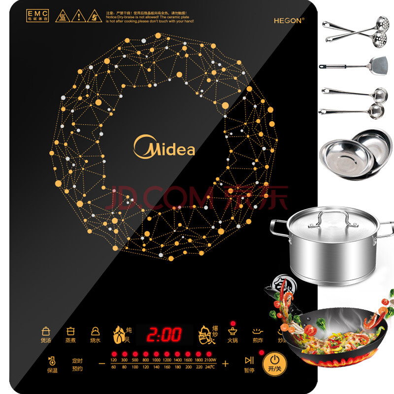 美的（Midea）电磁炉 匀火188mm聚能大线圈盘 黑晶触控面板 十档火力 C21-WT2118（标配欧式汤锅+精铁炒锅）