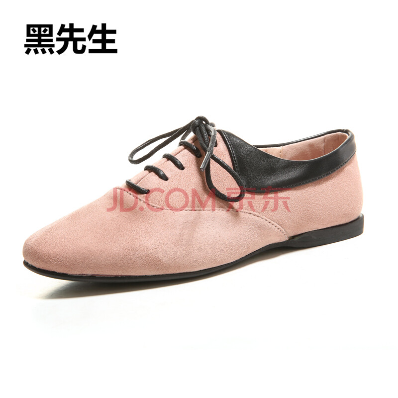 皮休闲鞋平底深口女单鞋英伦复古素色小皮鞋森系简约系带女鞋 粉红色
