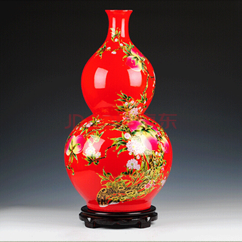 景德镇陶瓷器 中国红色福寿图葫芦落地花瓶 客厅装饰工艺品摆件 红色